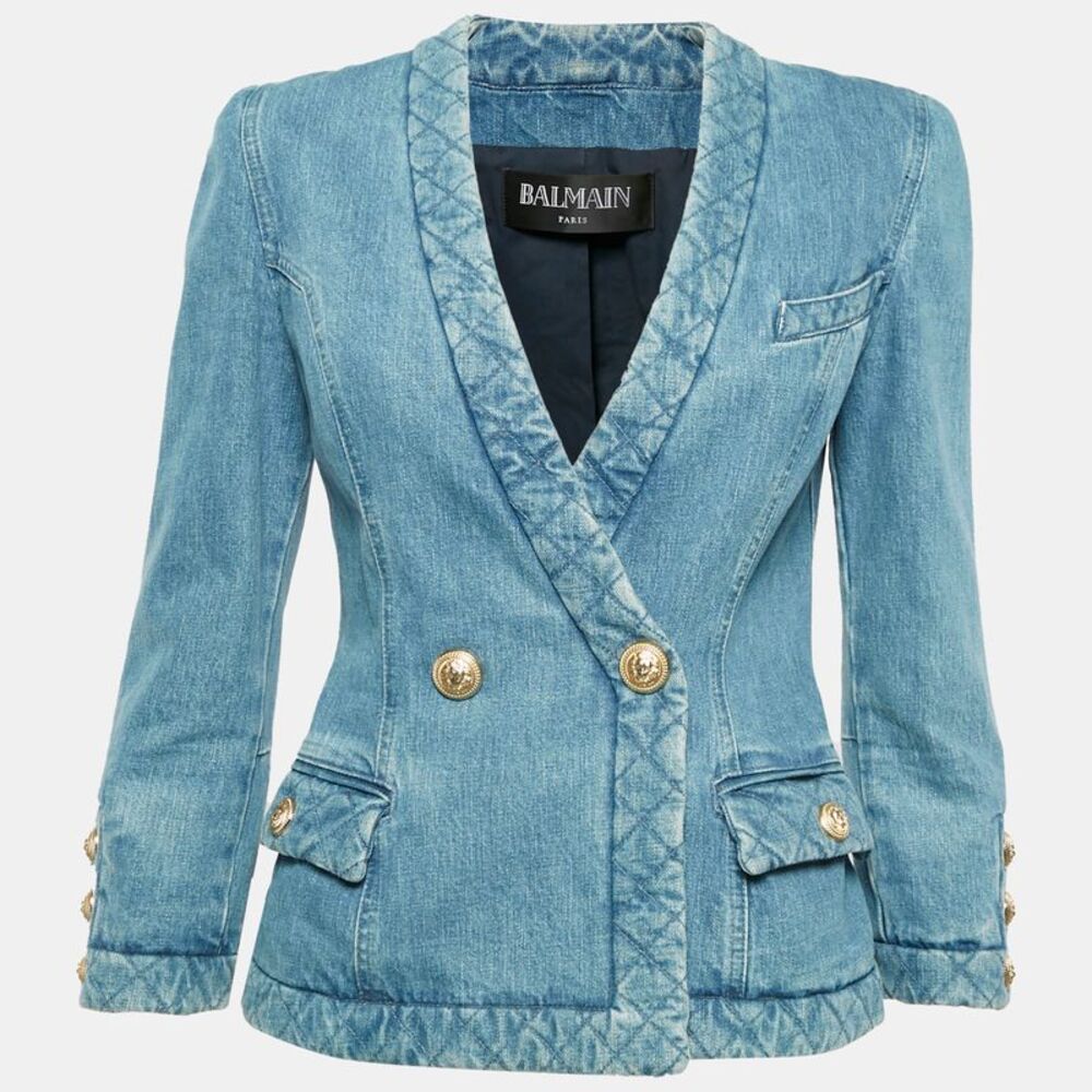 Balmain Blue Faded Denim Double Breasted Blazer S